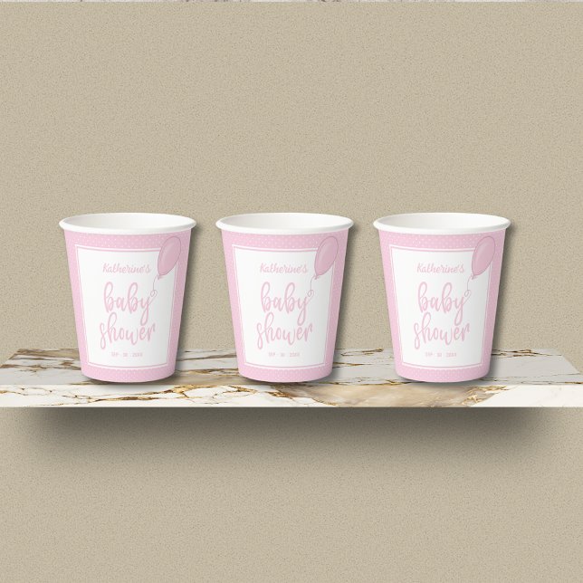 Baby Shower Baby Girl Pastel Pink Polka Dot Paper Cups (Pink Polka Dot Baby Shower Paper Cups with Balloon, Mom's Name, Date.)