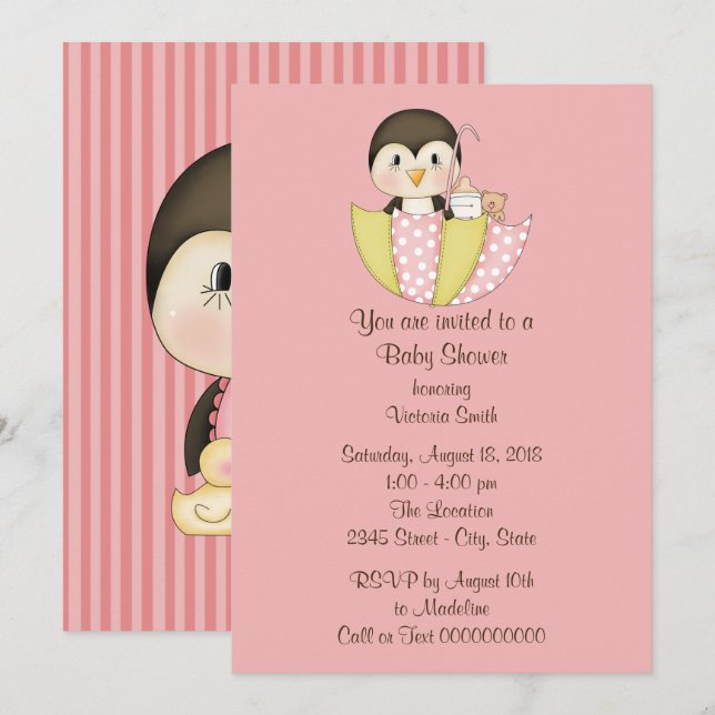 Baby Shower Baby Girl Penguin Invitation (Front/Back)