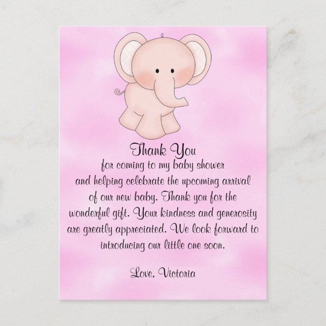 Baby Shower Baby Girl Pink Elephant Postcard (Front)