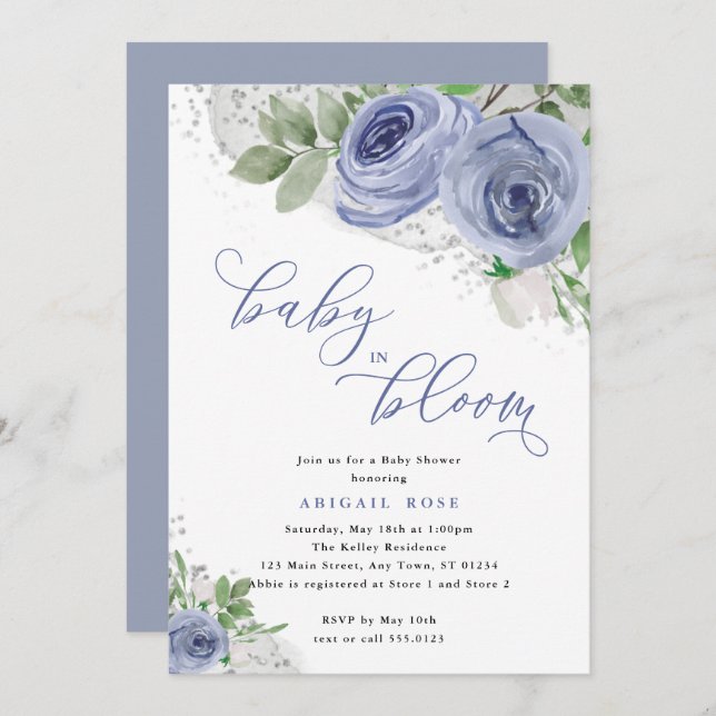  Baby Shower Baby in Bloom, Blue & Silver Flowers Invitation (Front/Back)