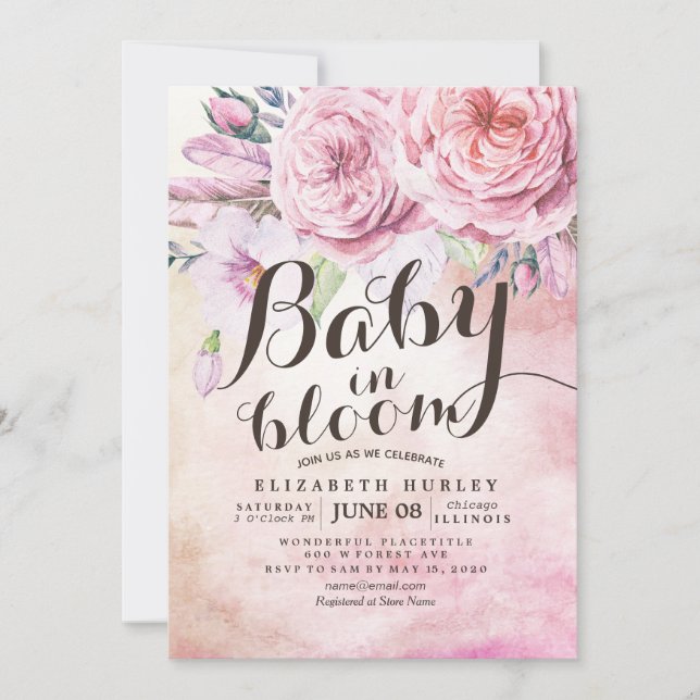 Baby Shower Baby in Bloom Bohemian Flowers Feather Invitation (Front)