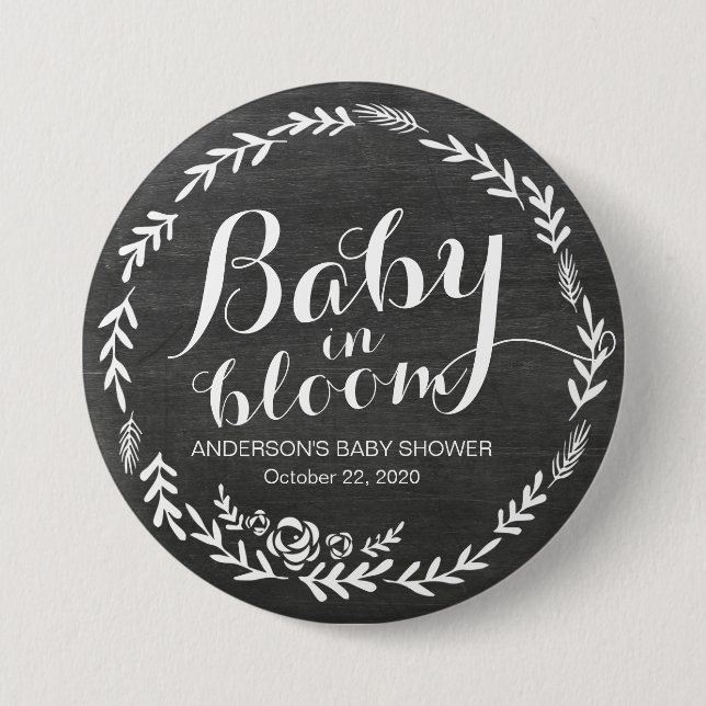 Baby Shower Baby in Bloom Floral Frame Chalkboard 7.5 Cm Round Badge (Front)
