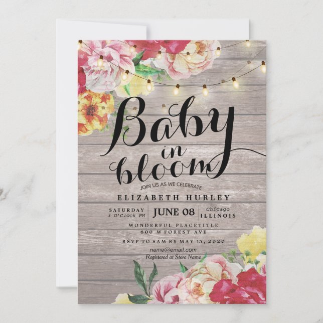 Baby Shower Baby in Bloom Flower String Light Wood Invitation (Front)