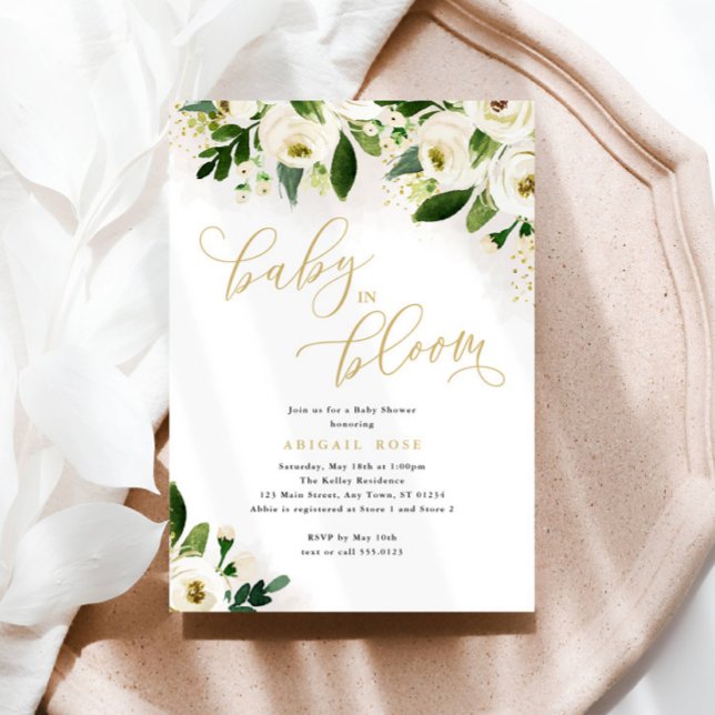  Baby Shower Baby in Bloom White Gold Floral Invitation (Creator Uploaded)