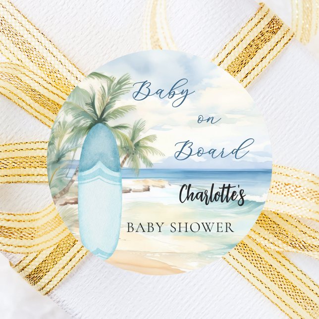 Baby shower baby on board surfboard classic round sticker (Creator Uploaded)