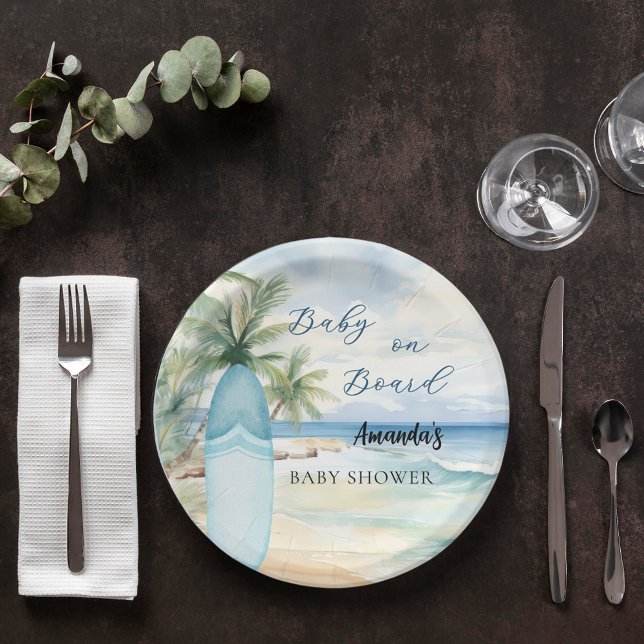 Baby shower baby on board surfboard paper plate (Creator Uploaded)