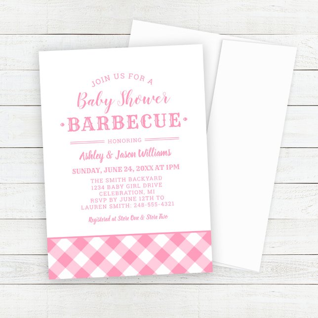 Baby Shower BBQ Pink Gingham Plaid Invitation (Creator Uploaded)