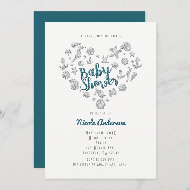 BABY SHOWER Beach Glam Diamond Heart Invitations (Front/Back)