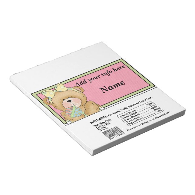 Baby Shower Bear Candy Bar Wrapper Party Favours Notepad (Angled)