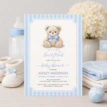 Baby Shower Bearly Wait Teddy Bear & Blue Stripes