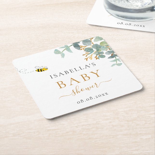 Baby Shower bee eucaluptus script Party Square Paper Coaster (Angled)