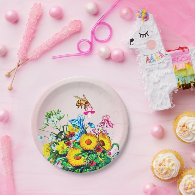 Baby Shower Bees Pink Floral Pacifier Paper Plate (Party)