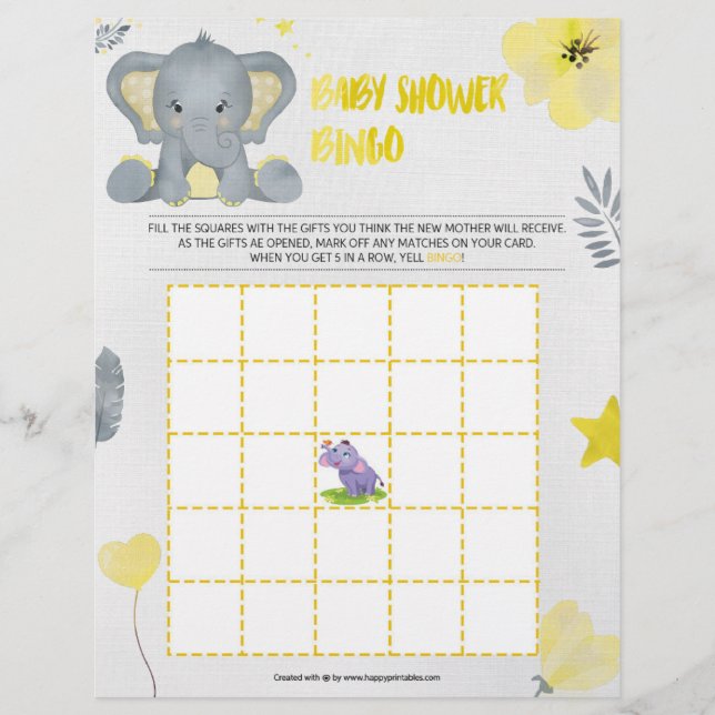 Baby Shower Bingo [Baby Elephant [Yellow]] Custom Letterhead (Front)