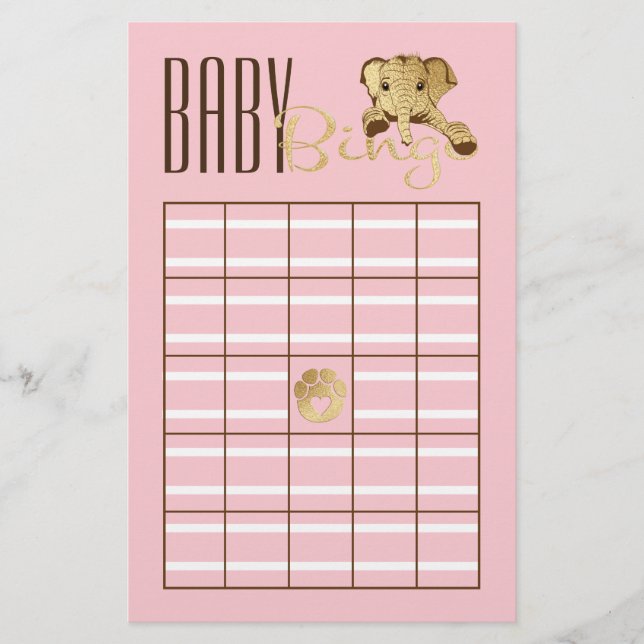 Baby Shower BINGO Baby Gold Pink Elephant Flyer (Front)