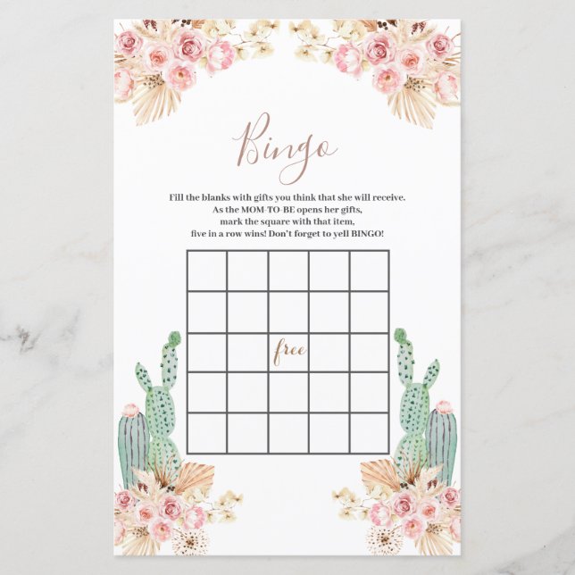 Baby Shower Bingo Boho Cactus Pink Flowers (Front)
