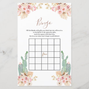 Baby Shower Bingo Boho Cactus Pink Flowers