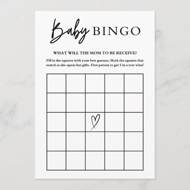 Baby Shower Bingo Card Game (Front)