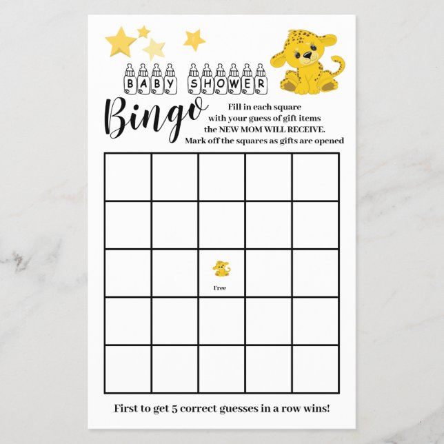 Baby Shower Bingo Colorful Tiger Game Card  (Front)