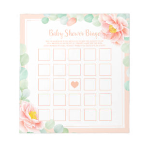 Baby Shower Bingo Eucalyptus Foliage Peony Peach Notepad