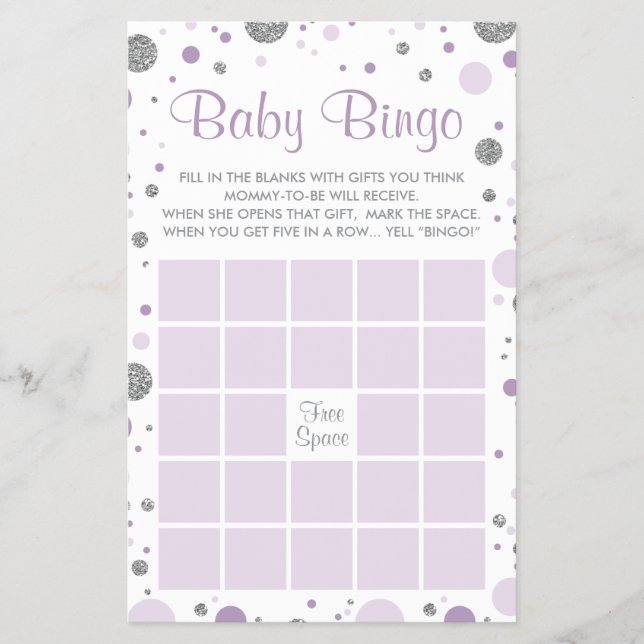 Baby Shower Bingo, Faux Confetti, Purple, Silver Flyer (Front)