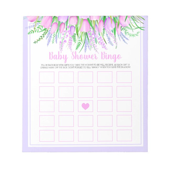 Baby Shower Bingo Game Floral Lavender Pink Tulips Notepad (Front)