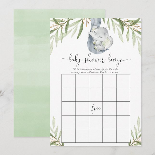 Baby shower bingo game gender neutral elephant invitation (Front/Back)