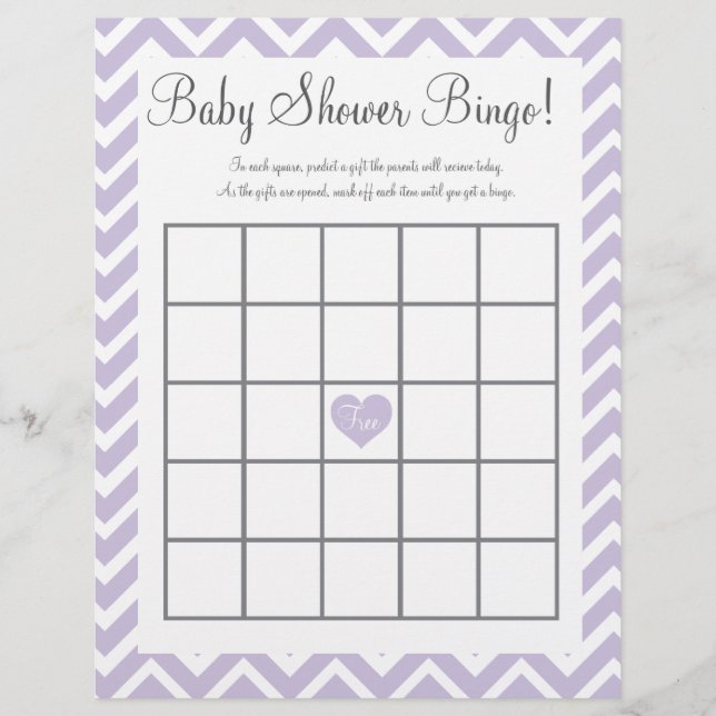 Baby shower bingo game in lavender (Front)