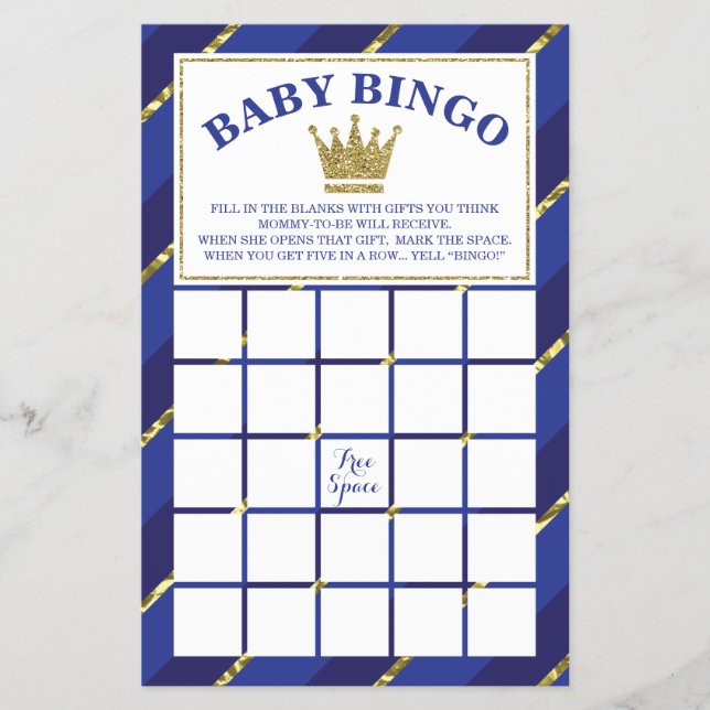 Baby Shower Bingo Game, Prince, Blue and Gold Flyer (Front)