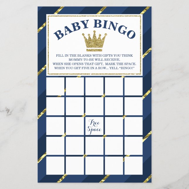 Baby Shower Bingo Game, Prince, Navy Blue and Gold Flyer (Front)