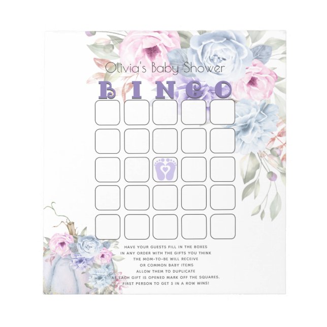 Baby Shower Bingo Lilac Blue Pumpkin Peony Floral Notepad (Front)