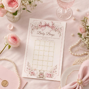 Baby Shower Bingo Party Game, Coquette Pink Bow Te