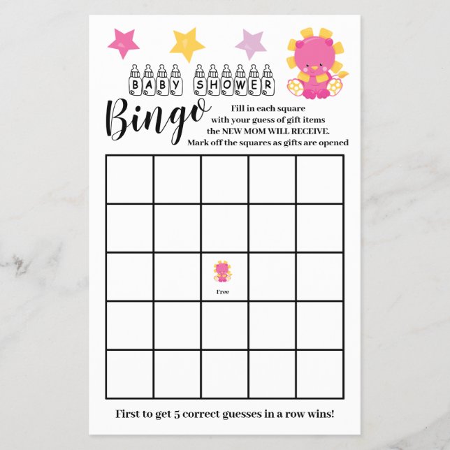 Baby Shower  Bingo Pink Lion Girl Game Card  (Front)