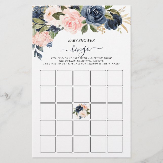Baby Shower Bingo Pink Navy Cascading Floral Game (Front)
