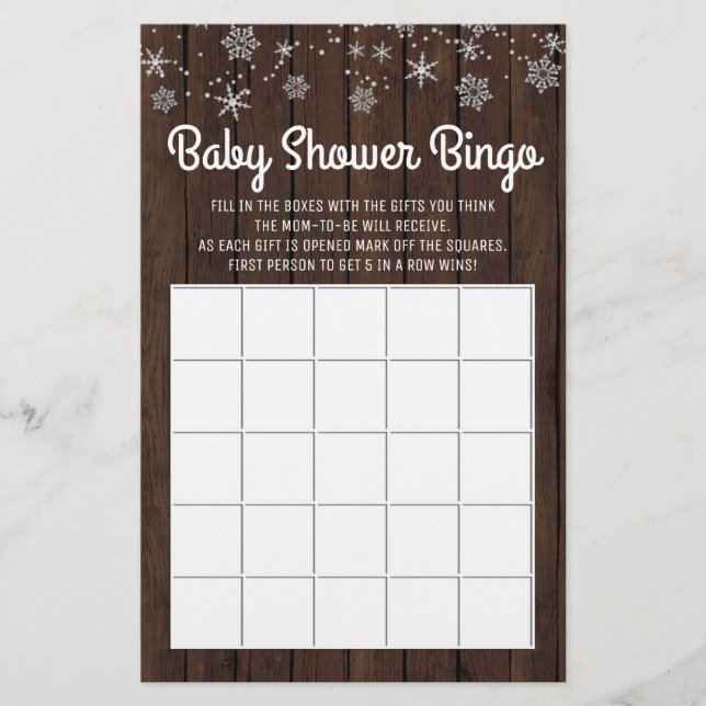 Baby Shower Bingo Rustic Snowflake Baby Bingo Card (Front)