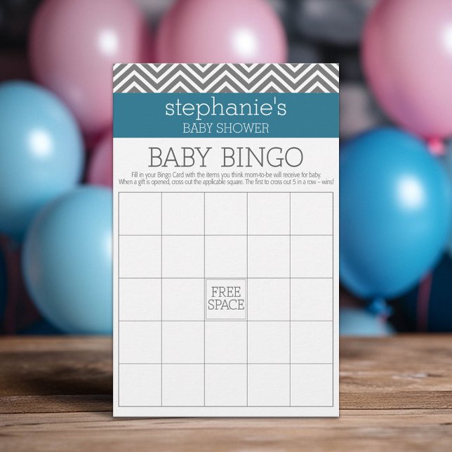 Baby Shower Bingo - Teal and Grey Chevrons (Custom Baby Shower Games)