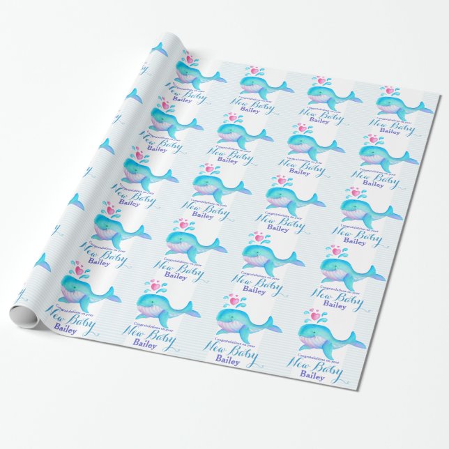 Baby shower / birth new baby whale art name wrap wrapping paper (Unrolled)