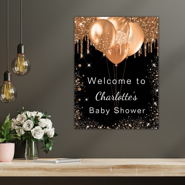 Baby shower black gold glitter party welcome poster (Creator Uploaded)