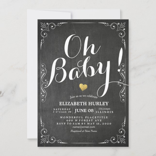 Baby Shower Black & White Floral Frame Chalkboard Invitation (Front)