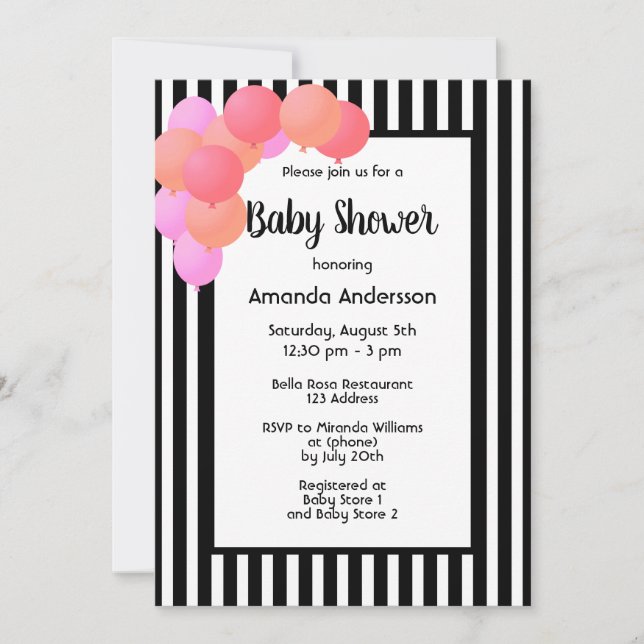 Baby Shower black white stripes balloon arch pink Invitation (Front)