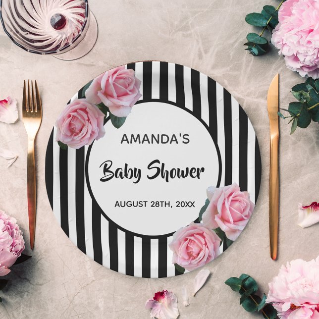 Baby Shower black white stripes pink roses Paper Plate (Creator Uploaded)
