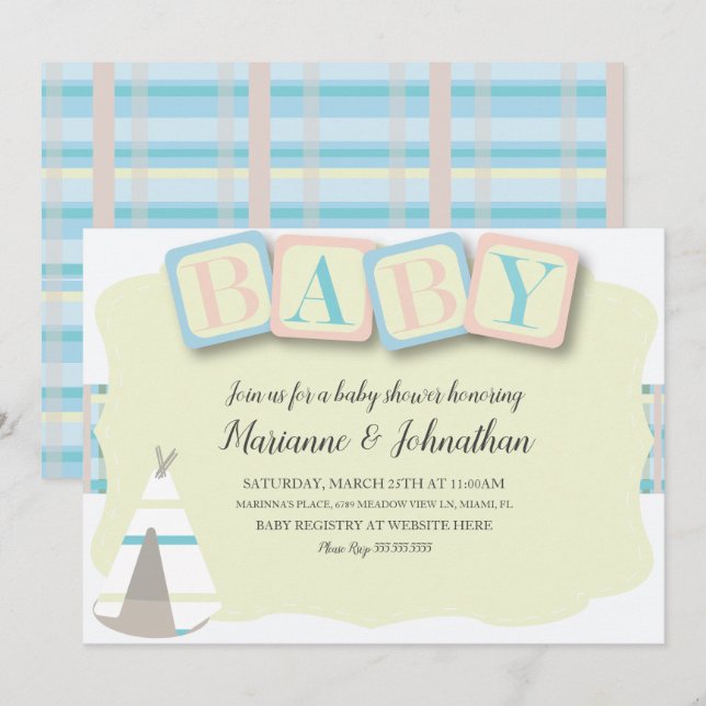 Baby Shower Blocks Boho Tribal Plaid Invitation (Front/Back)