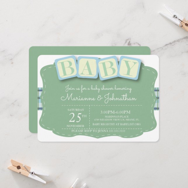 Baby Shower Blocks Boy Plaid Invitation (Front/Back In Situ)