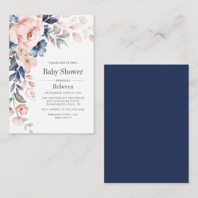 Baby Shower Bloom Blue Pink Floral Invitation (Front/Back)