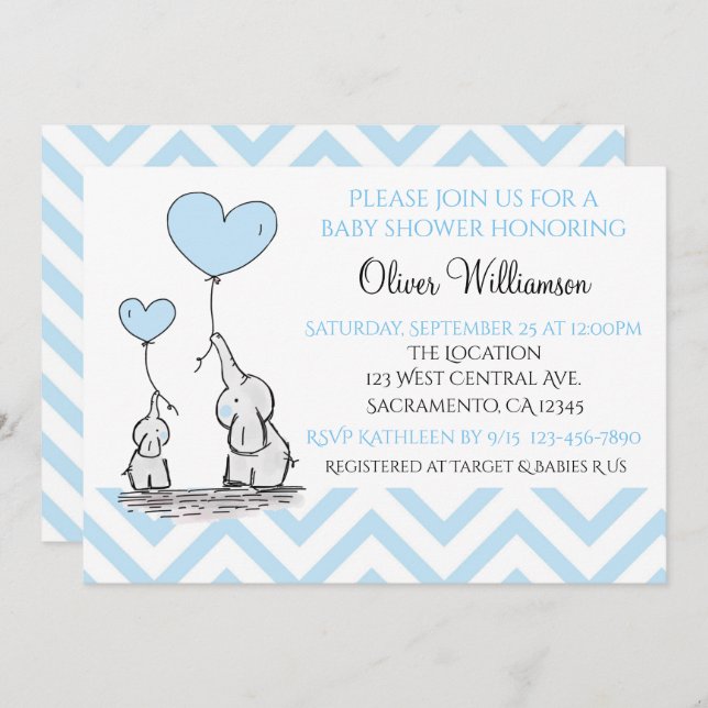 Baby Shower Blue Baby Elephant with Heart Custom Invitation (Front/Back)