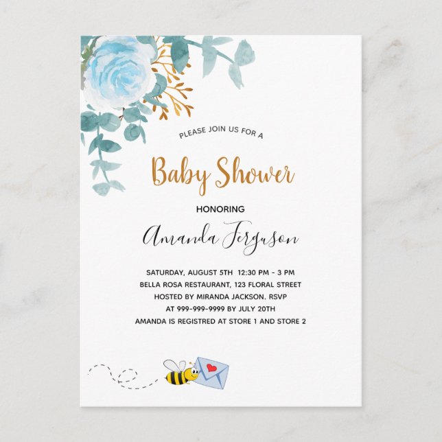 Baby Shower blue boy floral greenery mum to bee Postcard (Front)