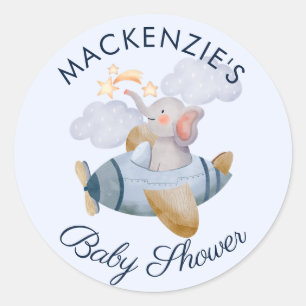 Baby Shower Blue Boy's Elephant Plane  Classic Rou Round Sticker