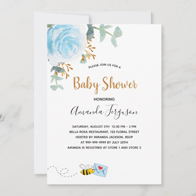 Baby Shower blue bumble bee floral greenery boy Invitation (Front)