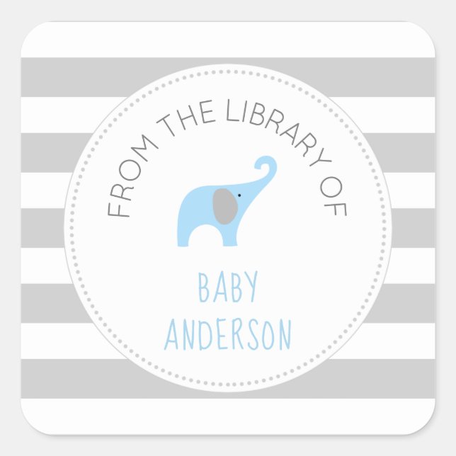 Baby Shower blue elephant BOOK,  boy bookplate Square Sticker (Front)