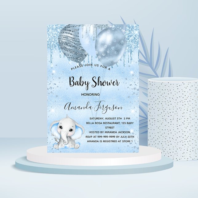 Baby Shower blue elephant boy balloons Invitation (Creator Uploaded)
