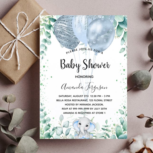 Baby Shower blue elephant eucalyptus boy Invitation Postcard (Creator Uploaded)